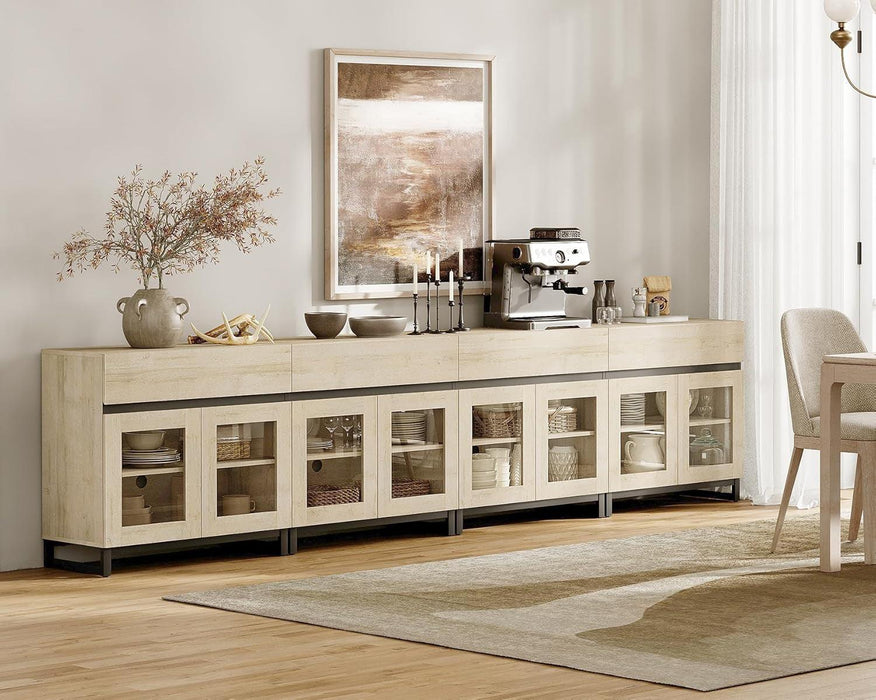 4 in 1 Sideboard Buffet Cabinets with 8 Glass Doors, Modern Sideboard Credenza, Coffee Bar Storage Cabinet for Living Room, Kitchen, Light Oak