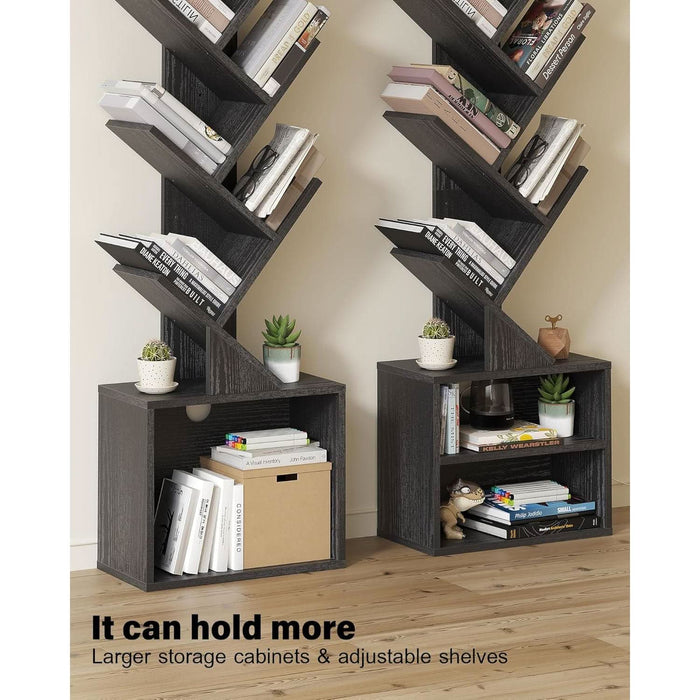 6 Tier Tree Bookshelf, Small Bookcase with Storage Cabinet, Modern Narrow Bookshelves Organizer, Floor Standing Book Shelf for Bedroom/Living Room/Home Office/Corner, Black