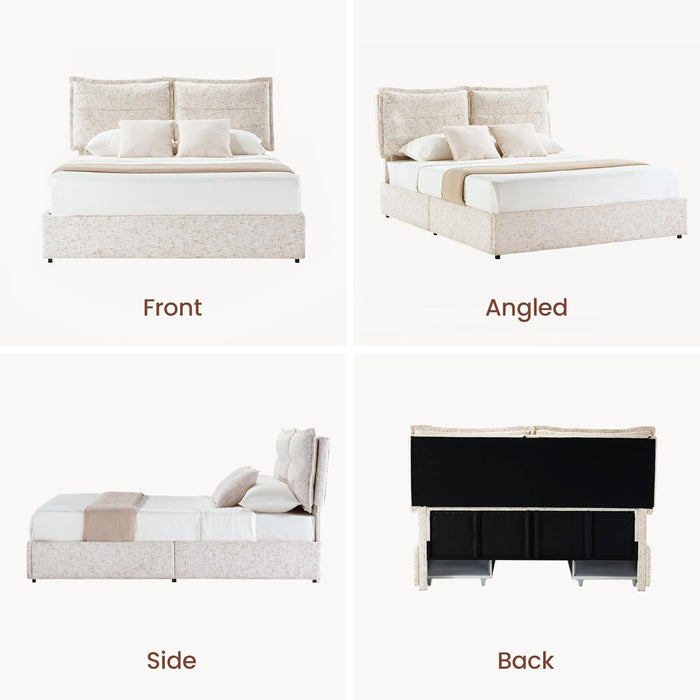 King Size Bed Frame with 4 Storage Drawers & Headboard with Dual Cushions, Freya Collection Upholstered Platform Bed, Oeko-Tex, Noise-Free, No Box Spring, Stone Beige