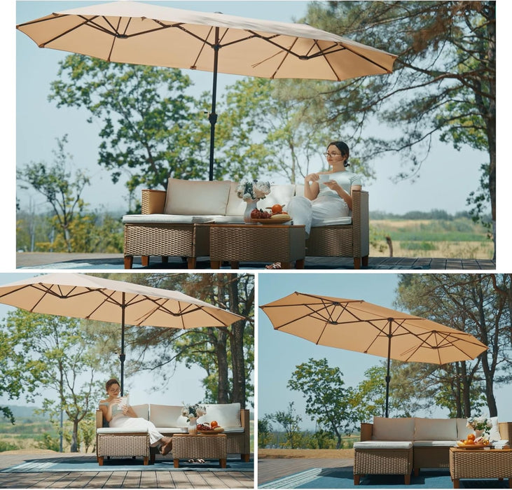 13 Ft Outdoor Patio Umbrella, Large Rectangular Double Sided Market Table Twin Umbrellas with Crank Handle for Deck Pool(Beige)