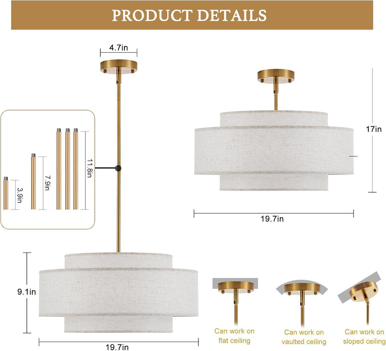 NineteenPointSevenInch Drum Chandelier Antique Gold Linen