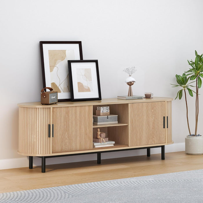 63" Fluted TV Stand for 65/70 Inch TV, Mid Century Modern TV Console with Sliding Doors, Curved Gaming Entertainment Center, Media Console for Living Room, Bedroom (Natural, 63Inch-4Doors)