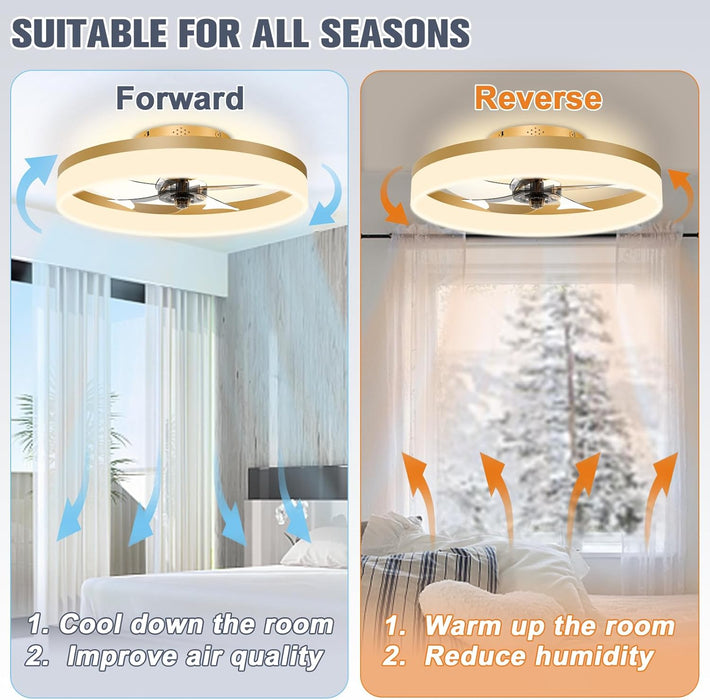 Low Profile Ceiling Fans with Lights and Remote, 19.7In Fandelier Ceiling Fan Flush Mount, 3000K-6500K Smart Bladeless LED Fan Light, Gold Modern Ceiling Fans with Lights for Bedroom