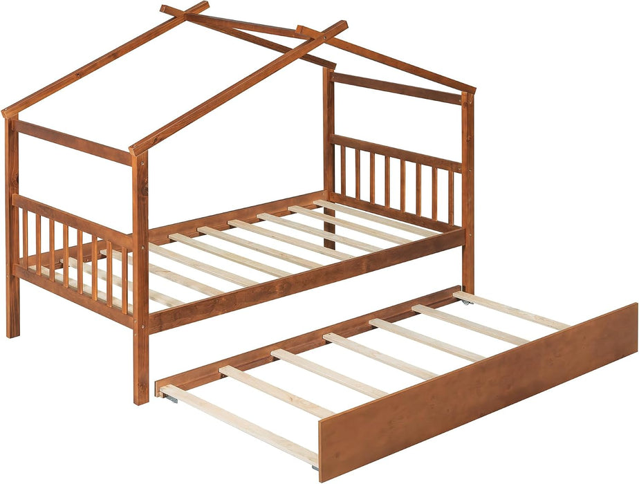 PremiumWood Walnut Twin Playhouse Bed With Trundle