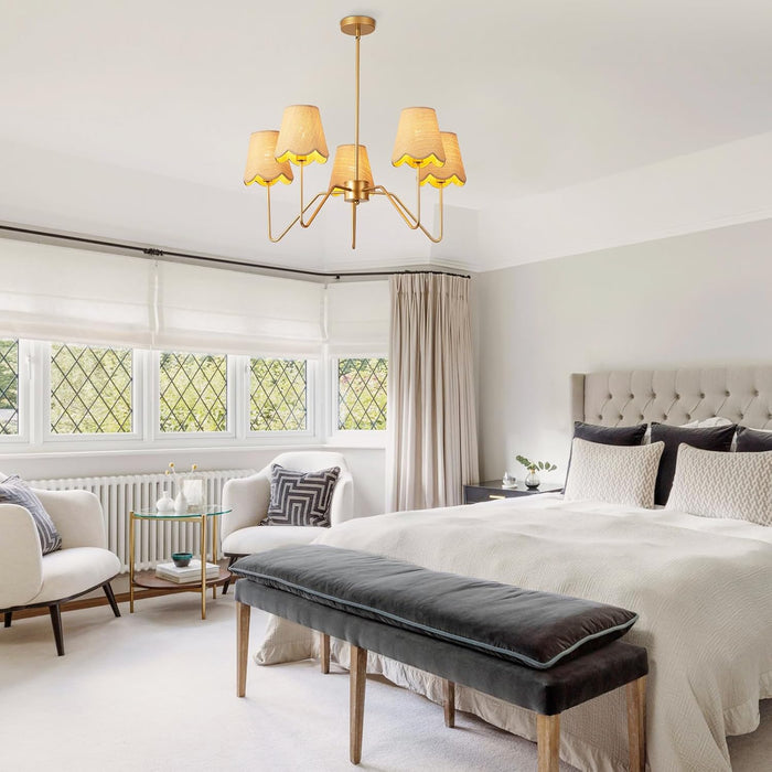 28" Rattan Chandelier, Large Modern Pendant Light Fixtures with Flower Shades Antique Brass Brush Paint Finish for Dining Room, Kitchen Island, Foyer, Living Room 5-Light