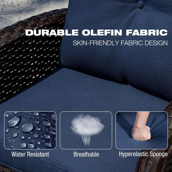 Outdoor Swivel Rocker Chairs, 3 Piece Wicker Patio Set with Thick Cushion and Side Table, Rattan Patio Swivel Rocking Chairs for Porch, Deck Use (Brown/Blue, 3 PCS)