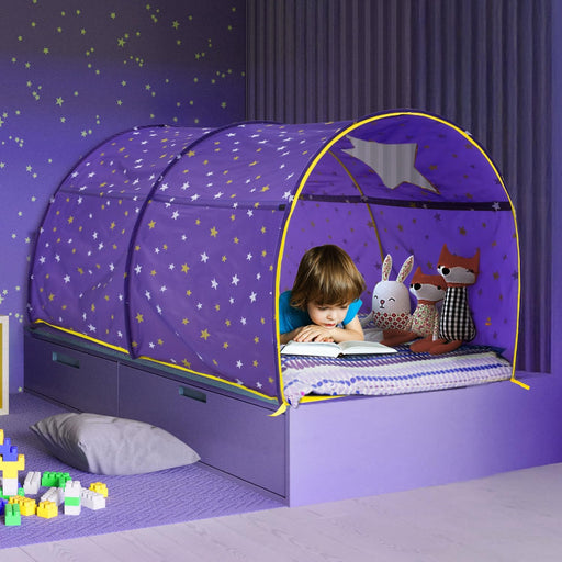 ® Starlight Bed Canopy Dream Kids Play Tents Playhouse Privacy Space Twin Sleeping Indoor Stars Boys Girls Toddlers Pop up Portable Frame Curtains Purple, Patent Pending