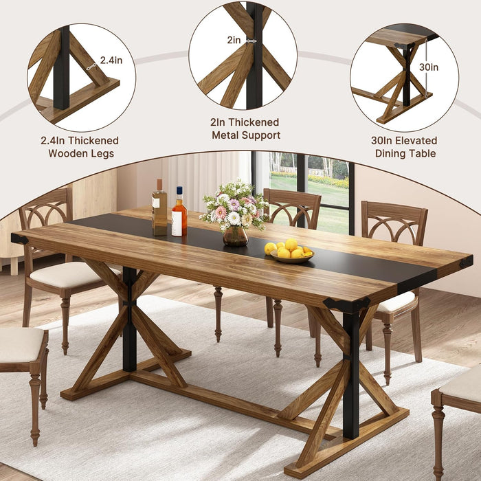 71 Inch Dining Table for 6 People, Rectangular Kitchen Farmhouse Table W/Thickness Waterproof Wood Tabletop,Long Dining Room Tables W/Wood Strip Base for Kitchen Living Room Oak