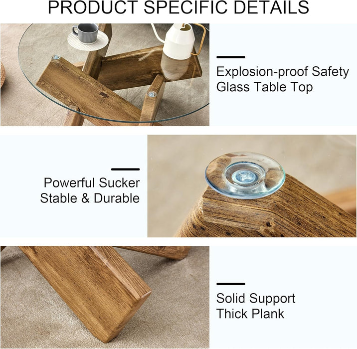 Round Glass Top Coffee Tables for Living Room, 33.4 Inch Rustic Farmhouse Center Table, Mid Century Circle Cocktail Table with Wood Crossed Legs