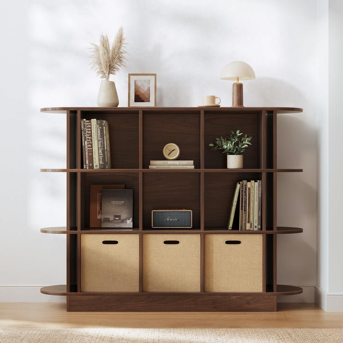 Walnut 3-Tier Oval Bookshelf - Curved Horizontal Bookcase, 9-Cubes