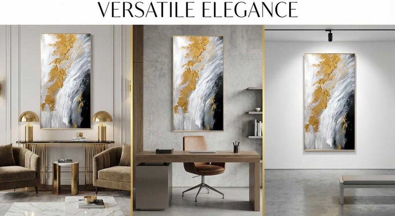 Hand-Painted Black and White Abstract Oil Painting on Canvas for Entrance-Hall, Framed Gold Wall Art for Living Room,Large 3D Wall Picture for Bedroom Kitchen Home Decoration 24X48Inch