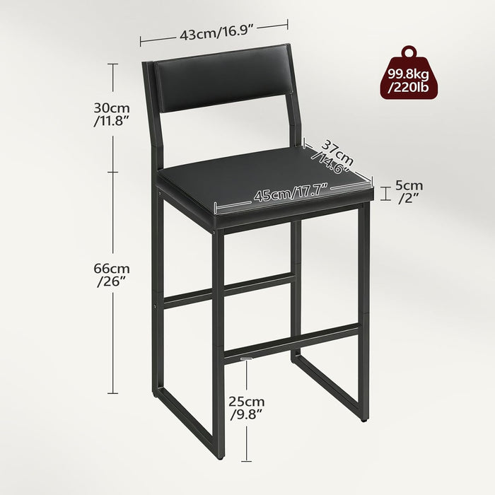 Bar Stools, Set of 2 Bar Chairs with Backrest and Footrest, 26" PU Leather Counter Height Barstools, PU Cushioned Seat, Metal Frame, for Kitchen, Dining Room, Home Bar, Black BABK11R01