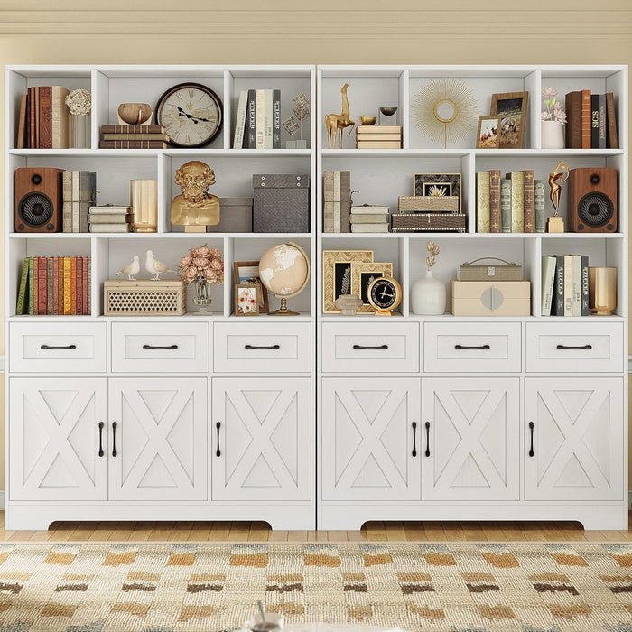 Bookshelf with Drawers & Doors, Tall Bookshelf with Storage, Bookcase with Cabinets for Home Office, Living Room, White