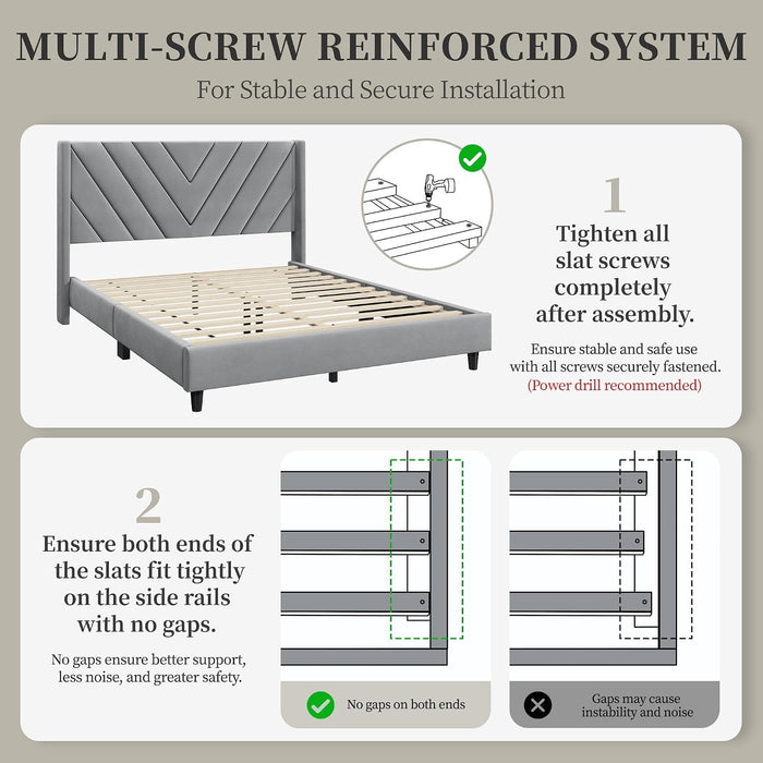 Queen Bed Frame with Chevron Channel-Tufted Headboard, Light Grey