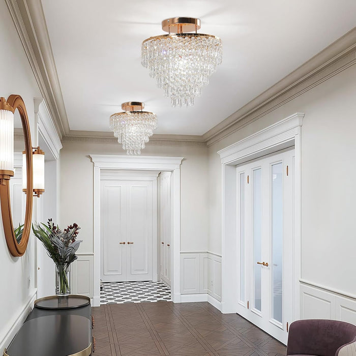 11.8" Crystal Chandelier Gold Crystal Flush Mount Ceiling Light 5 Tiers Raindrops Crystal Pendant Lighting Fixture for Bedroom Hallway Living Room E26 Base