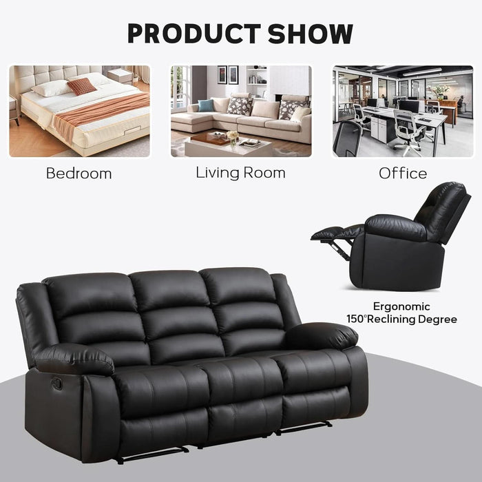 Faux Leather Manual Reclining Sofa with 2 Concealed Cup Holders, Overstuffed Armrest 3 Seat Recliner Sofa, Couch for Living Room, Meeting Room, Bedroom, Black