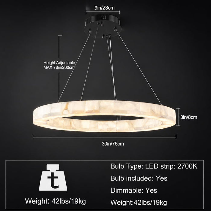 Alabaster round Chandelier, 31.5In Spanish Natural Marble Pendant Light, Dimmable 3-Color Modern Marble Chandelier for Dining Room, Living Room, Bedroom, Bathroom & Foyer