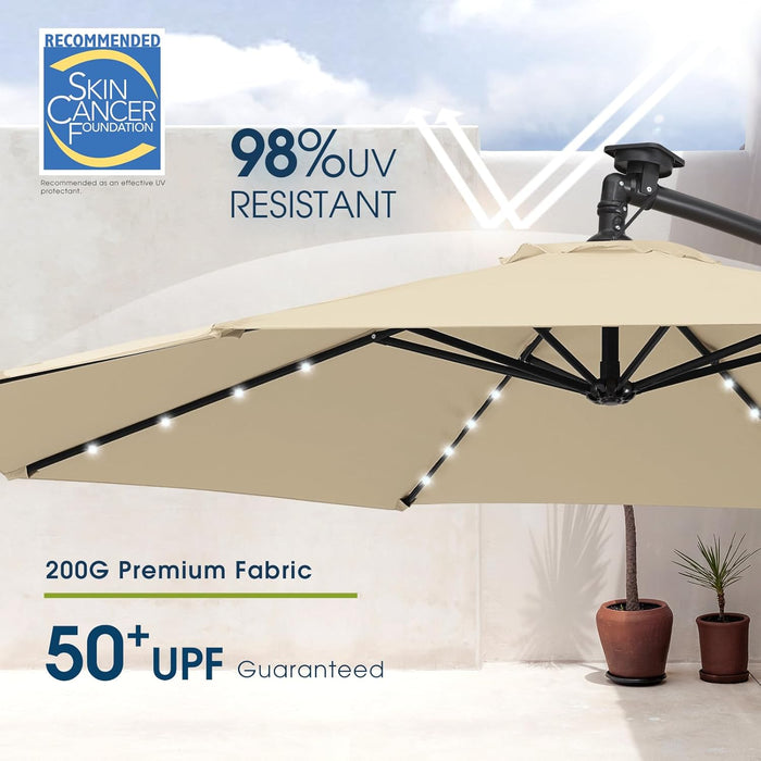 10Ft Solar LED Patio Umbrella with Base Included, Offset Umbrella with Weighted Sandbag Base, Cantilever Patio Umbrellas for Backyard, Garden & Deck, 32 LED Lights & Polyester Shade, Beige