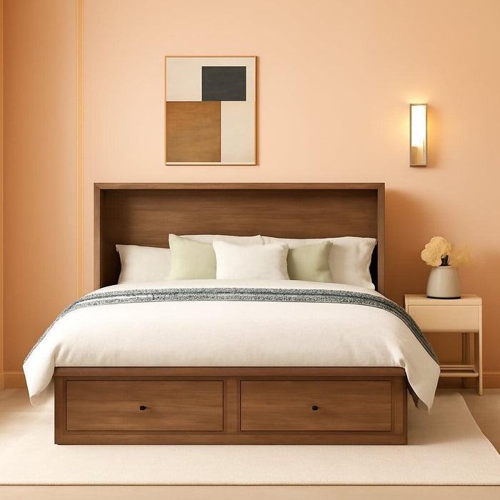 Full Murphy Bed Cabinet with Charging Station and Storage, Farmhouse Foldable Platform Bed for Guest Room, Office, Small Spaces, Barnwood