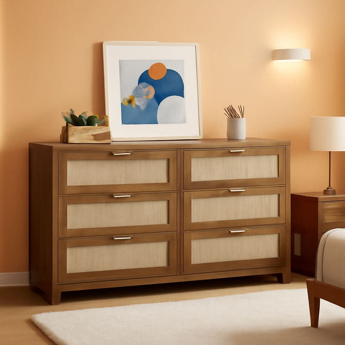 Large Boho Dresser for Bedroom, 57" Wide Rattan Dresser 6 Drawer with Ample Storage, Modern Wood Chest of Drawers Closet TV Stand Dressers for Living Room, Walnut Oak