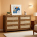 Large Boho Dresser for Bedroom, 57" Wide Rattan Dresser 6 Drawer with Ample Storage, Modern Wood Chest of Drawers Closet TV Stand Dressers for Living Room, Walnut Oak