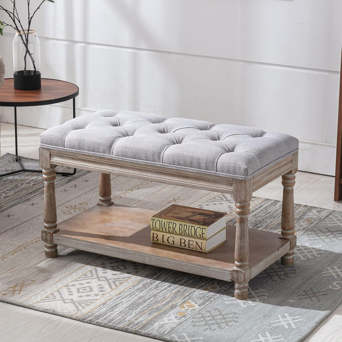 Farmhouse Tufted Storage Ottoman Bench with Shelf, 31.5" Width Linen Upholstered Entryway Shoe Ottoman Foot Stool for Bedroom Living Room Dining Room, Grey