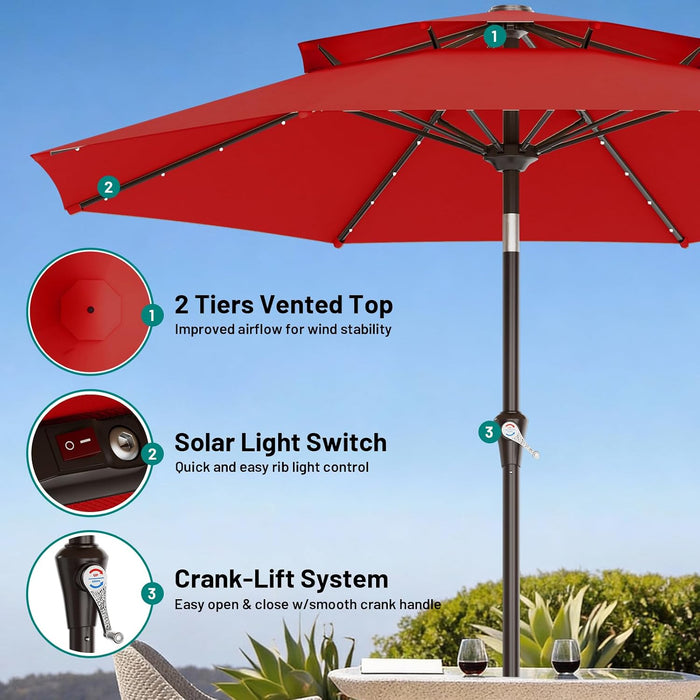 9Ft 2 Tiers Patio Umbrella with Solar Lights, Outdoor Umbrella W/ 32 LED Lights&8 Sturdy Ribs, Table Umbrella for Deck, Backyard, Pool(Red)