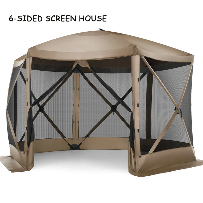 12'X12' Pop-Up Gazebo Outdoor Camping Tent with 6 Sides Mosquito Netting, Waterproof, UV Resistant, Portable Screen House Room, Easy Set-Up Party Tent with Carry Bag, Ground Spike, Khaki