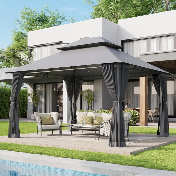 12X10 Gazebo with Double Roof & Mosquito Netting Outdoor Heavy-Duty Party Tent, Patio Tent with Zipper Screens - Backyard Garden Lawn Shelter Includes Wind Ropes Expansion Bolts, Gray