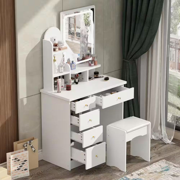 5-Drawers White Wood Dresser Makeup Vanity Sets Dressing Table with Stool, Mirror and 3-Tier Storage Shelves