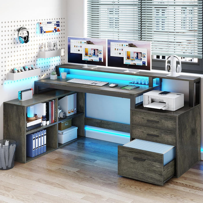 L Shaped Desk with 3 Drawers, 65" Corner Computer Desk with Power Outlets & LED Lights, L-Shaped Desk with File Cabinet & Printer Stand for Home Office, Grey