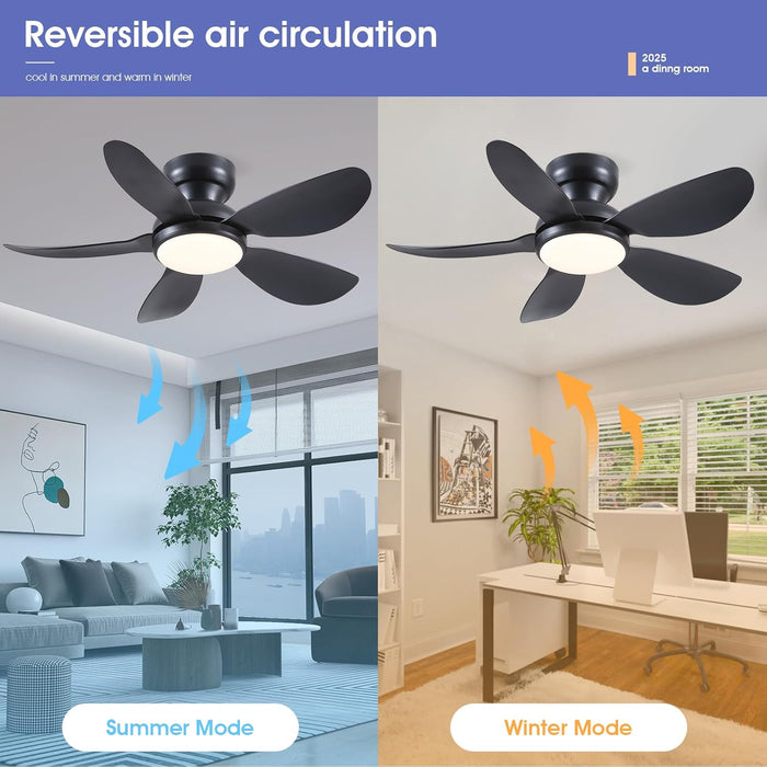 36 Inch Modern Ceiling Fans with Lights, Small Flush Mount Ceiling Fan, Remote/App Control, 5 Reversible Curved Blades, 6 Speeds, 3 CCT Dimmable Lights for Kids Room Bedroom, Black