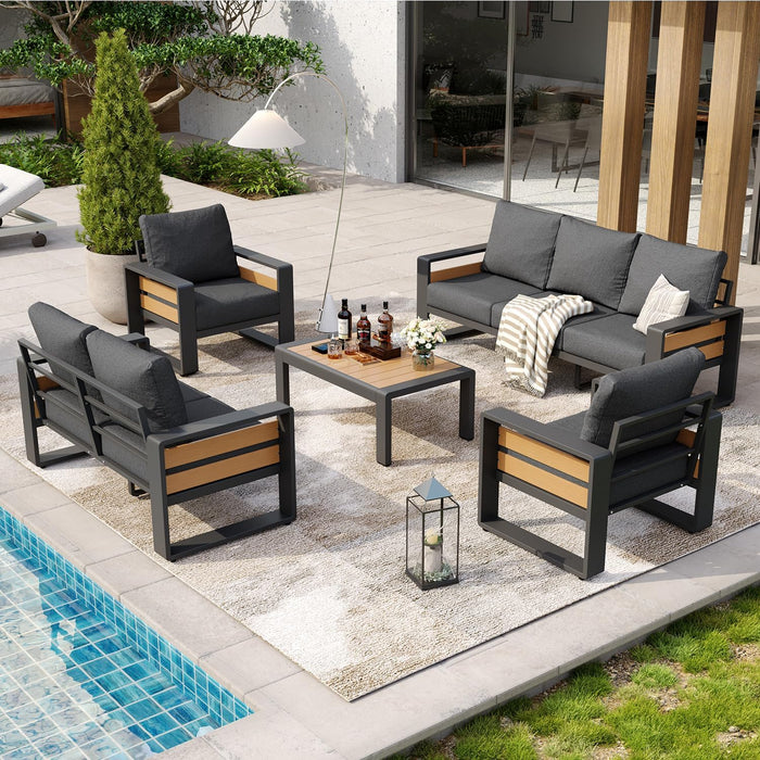 Aluminum Patio Furniture Set, 5 Piece Luxury Outdoor Sectional with 6" Olefin Fabric Cushions, Patio Conversation Sets with Coffee Table & Oversized Seats for Backyard, Porch Dark Grey