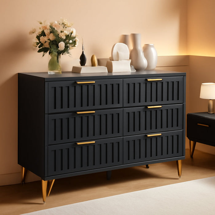 Fluted Dressers, 6 Drawer Dressers & Chests of Drawers, Metal Modern Dresser for Room, Entryway, Hallway, Black