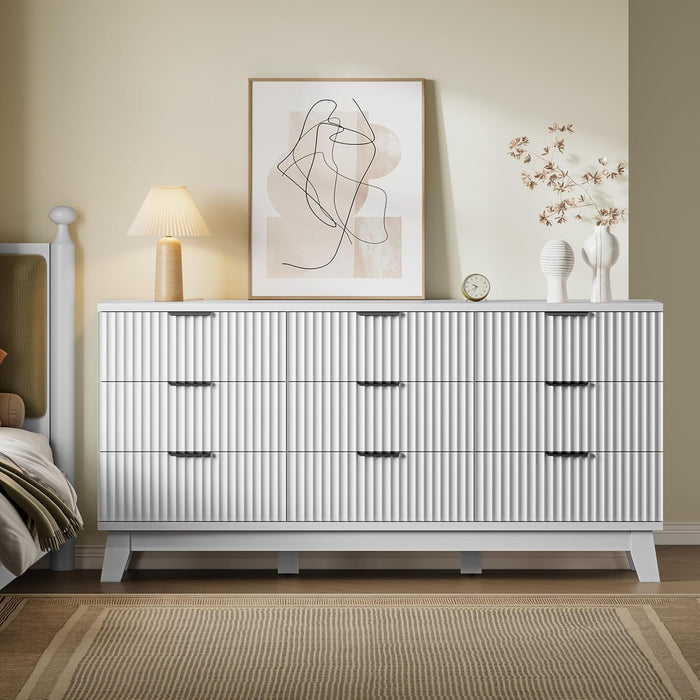 63" Long Dresser for Bedroom, 9-Drawer Fluted Dresser, Extra-Wide Wood Chest of Drawers with Smooth Metal Slides, Stable Base, Modern Clothes Storage Cabinet for Living Room, Hallway, Nursery