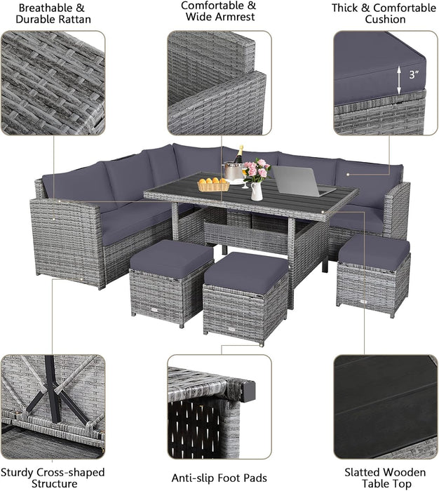 7 Pieces Rattan Wicker Patio Conversation Set (Grey)