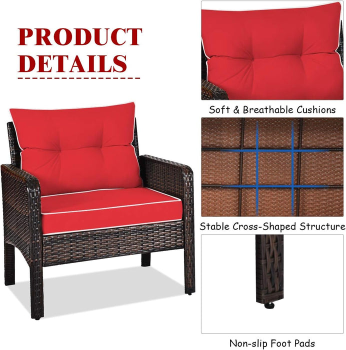 3 Piece Outdoor Patio Furniture Set, Wicker Chairs Set with Glass Top Coffee Table, Thick Cushions, All Weather Garden Lawn Poolside Backyard Porch Furniture Set for 2 (Red)
