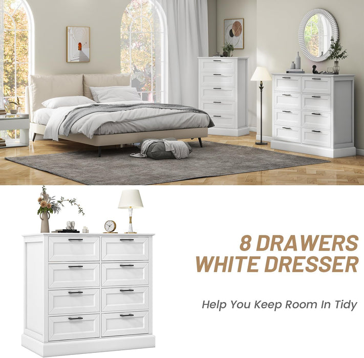 White Dresser for Bedroom, Chest of Drawers, Large Modern Farmhouse Storage for Closet, 8 Drawers Dresser Storage Drawers, 39.3” Tall Wood Clothing Storage with Black Handles