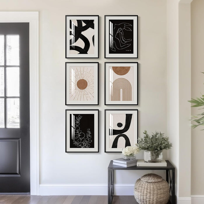 Framed Boho Black and White Brown Modern Abstract Wall Art for Living Room, Set of 6 Bohemian Wall Hanging Artwork, Minimalist Sun Geometric Pictures for Bedroom Office Bathroom Wall Decor 11X14 Inch