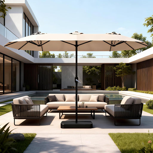 15Ft Large Patio Umbrellas with Base Included, Outdoor Double-Sided Rectangle Market Umbrella with Stand, outside Umbrellas for Poolside Lawn Backyard