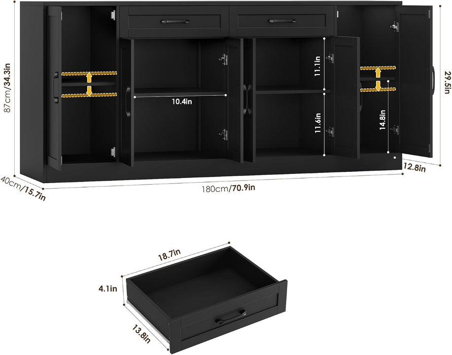 71” Large Buffet Cabinet with Storage, Sideboard Buffet Cabinet with Adjustable Shelves and 6 Soft-Close Doors, Wood Coffee Bar Console Table for Kitchen, Dining Room, Black