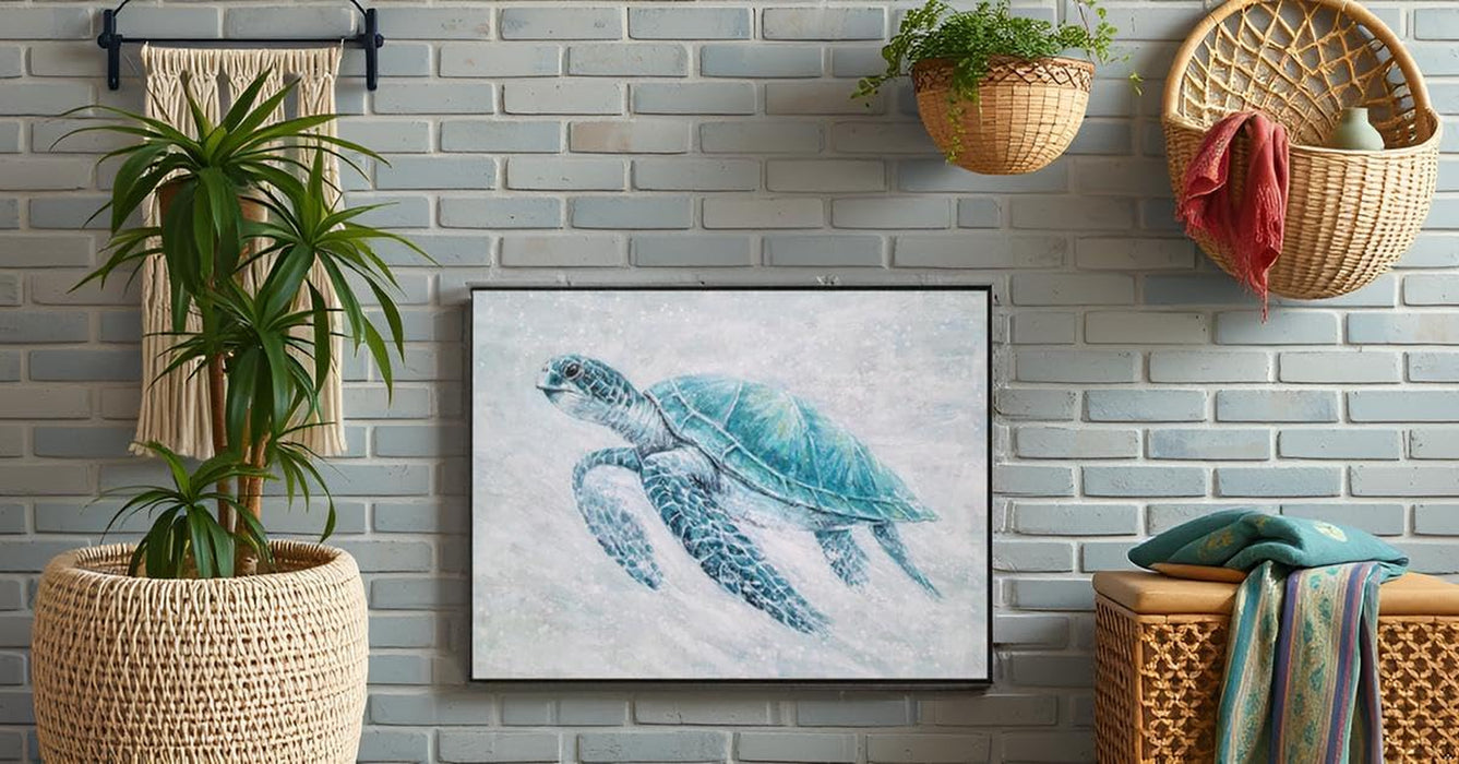 Sea Turtle Canvas Wall Art - Modern Hand Painted Teal Ocean Animal Artwork