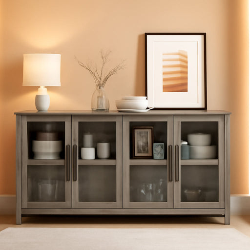 55” Large Buffet Cabinet with Storage, Sideboard Buffet Cabinet with Glass Doors, Modern Farmhouse Storage Cabinet Table for Kitchen Dining Room, Living Room (Grey, Glass with 4 Doors)