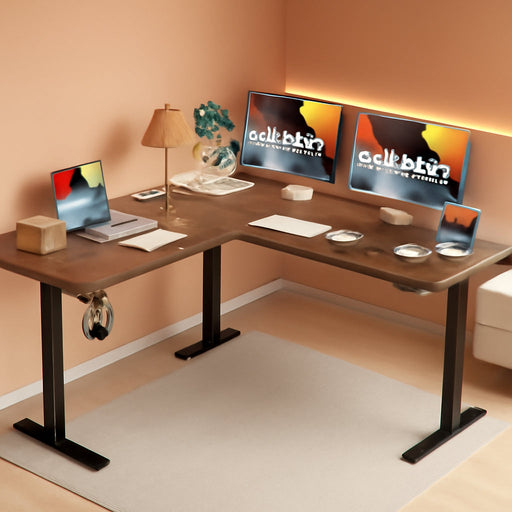 L Shaped Standing Desk Adjustable Height, Electric Corner Standing Desk, 63 X 55 Inch Sit Stand Computer Table with Splice Board, Dark Wlalnut
