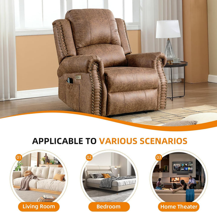 Power Recliner Chair with Massage and Heat, Faux Leather Electric Recliner Chair, Classic Single Sofa with Rivet Decoration for Living Room, Nut Brown