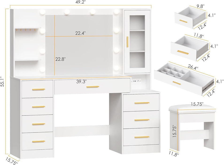 49.2Inches White Vanity Desk With Integrated Mirror
