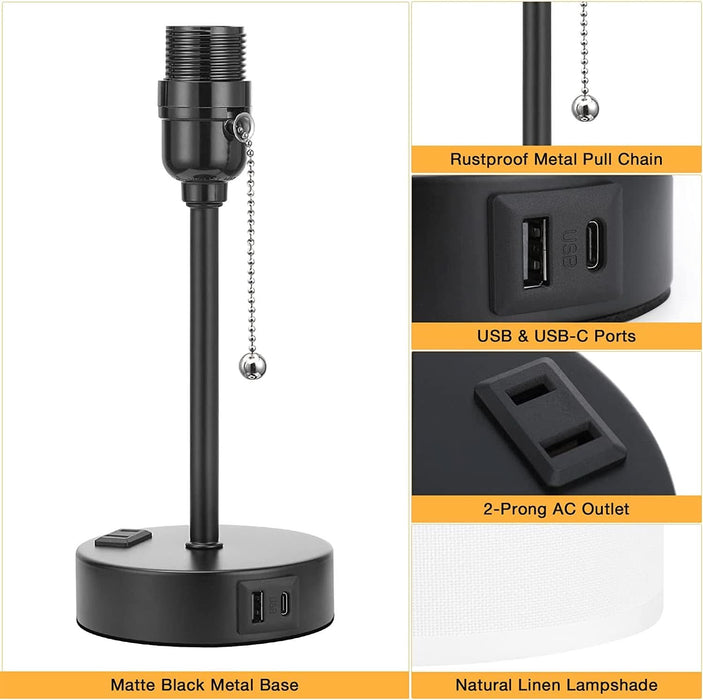 Small Bedside Table Lamp for Bedroom - 3 Color Temperatures Bedside Lamps with USB C and a Ports, Pull Chain Table Lamps with AC Outlet, White Nightstand Lamps with Black Metal Base for Kids Reading