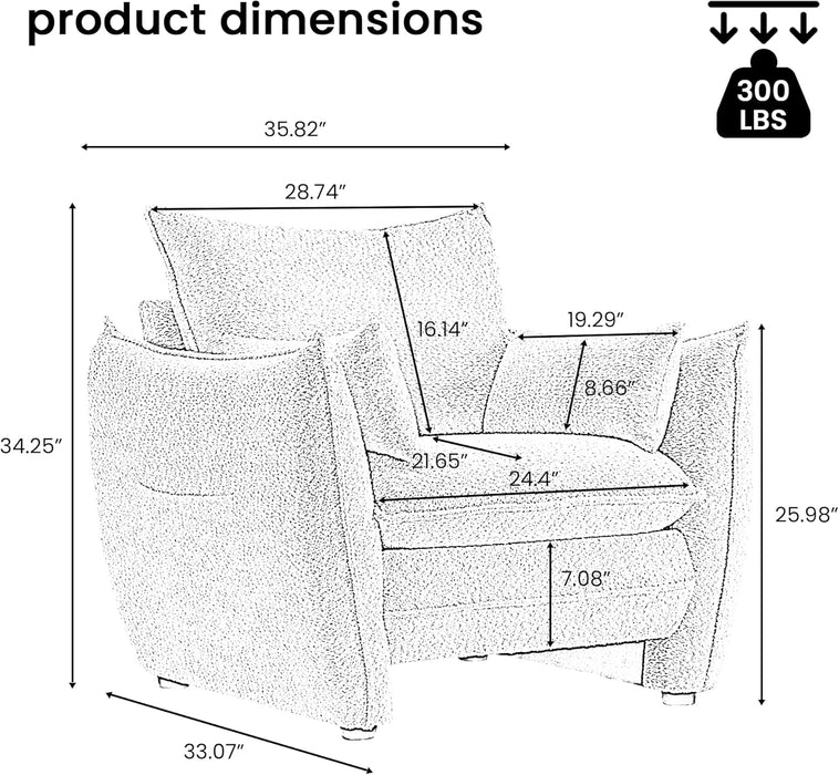Chenille Oversized Accent Chairs, Modern Oversized Armchair with Removable Pillow, Comfy Living Room Chair with Side Pocket Storage for Bedroom, Office, Green