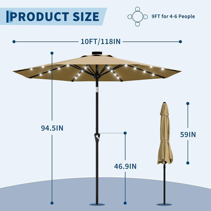 10FT Solar Patio Umbrella with LED Lights, UV Resistant Outdoor Shade