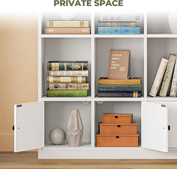 White 6-Tier Bookshelf Cabinet With Doors Floor-Standing